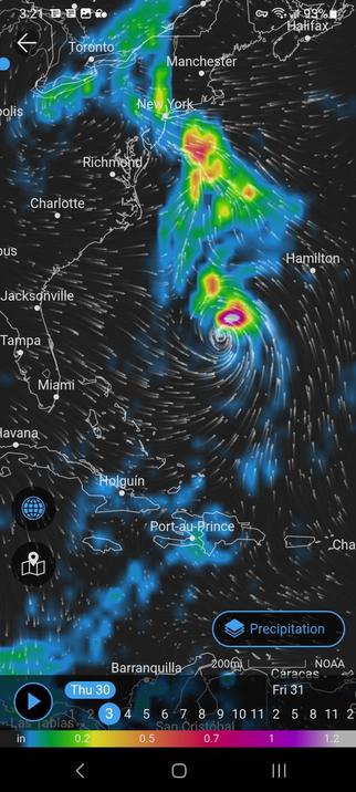 Screenshot of weather radar - provided by the National Weather Service - showing the still-moving Hurricane Mellisa as it continues northward. Following what seems to be a wind-pushed path, or 'trough' created by directional winds, would seem to lead the storm directly to the eastern seaboard, and straight into New York. Screenshot of weather radar - provided by the National Weather Service - showing the still-moving Hurricane Mellisa as it continues northward. Following what seems to be a wind-pushed path, or 'trough' created by directional winds, would seem to lead the storm directly to the eastern seaboard, and straight into New York.