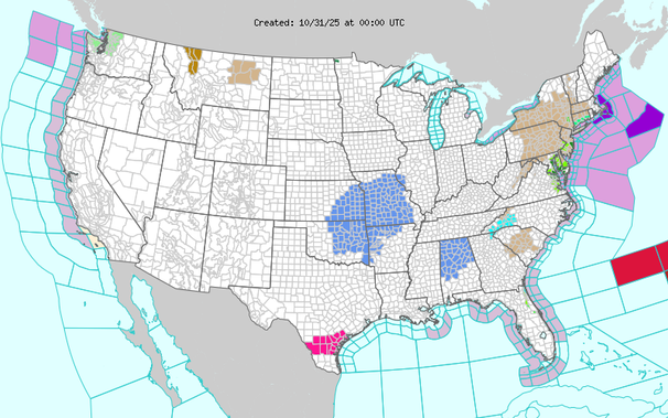 Short Range Forecast Discussion
NWS Weather Prediction Center College Park MD
233 PM EDT Thu Oct 30 2025
Valid 00Z Fri Oct 31 2025 - 00Z Sun Nov 02 2025
...Heavy rains expected for Northern NY State and New England Thursday
evening into Friday, and over the Pacific Northwest Friday into Saturday...
...Trick or Treating will be dry across much of the Lower 48, except for
coastal Washington/far northern coastal Oregon, northern New York State
into northwest New England and over the Upper Mississippi Valley...
...Below average temperatures expected across areas to the east of the
Rockies, while above average temperatures expected from the Rockies to the
West coast...
The strong storm system that has brought heavy precipitation over the past
few days across the Mississippi Valley/Lower Missouri Valley, through the
Ohio Valley, Appalachians, and Mid-Atlantic will continue to produce
widespread wet weather as it pushes northeastward into the Northeast/New
England Thursday evening into Friday. Widespread heavy rains likely from
eastern and northern New York State into New England from Thursday
afternoon into early Friday. The flood threat from this system remain
very low as drought conditions have resulted in low stream flows and dry
soils. The exception will be over urbanized areas of the Northeast where
a period of heavy rain along and ahead of the associated cold front
Thursday afternoon into Thursday evening may result in isolated urban
runoff issues. Heavy rains also Short Range Forecast Discussion
NWS Weather Prediction Center College Park MD
233 PM EDT Thu Oct 30 2025
Valid 00Z Fri Oct 31 2025 - 00Z Sun Nov 02 2025
...Heavy rains expected for Northern NY State and New England Thursday
evening into Friday, and over the Pacific Northwest Friday into Saturday...
...Trick or Treating will be dry across much of the Lower 48, except for
coastal Washington/far northern coastal Oregon, northern New York State
into northwest New England and over the Upper Mississippi Valley...
...Below average temperatures expected across areas to the east of the
Rockies, while above average temperatures expected from the Rockies to the
West coast...
The strong storm system that has brought heavy precipitation over the past
few days across the Mississippi Valley/Lower Missouri Valley, through the
Ohio Valley, Appalachians, and Mid-Atlantic will continue to produce
widespread wet weather as it pushes northeastward into the Northeast/New
England Thursday evening into Friday. Widespread heavy rains likely from
eastern and northern New York State into New England from Thursday
afternoon into early Friday. The flood threat from this system remain
very low as drought conditions have resulted in low stream flows and dry
soils. The exception will be over urbanized areas of the Northeast where
a period of heavy rain along and ahead of the associated cold front
Thursday afternoon into Thursday evening may result in isolated urban
runoff issues. Heavy rains also