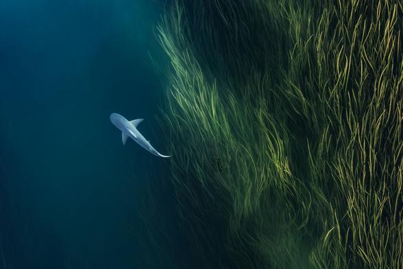A shark swims, photographed from an overhead perspective.