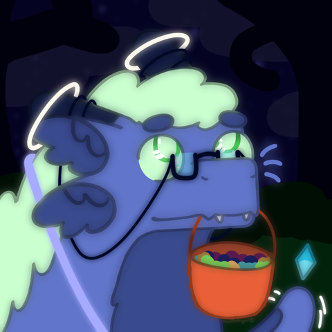 a drawing of a fluffy juvenile blue dragon with some little fake vampire teeth and a bucket of candy being held in their mouth. they look up at you, as if begging for candy.