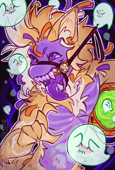 Digital art of a piñata monster named "Gingerbread" hunting in a haunted forest with an insatiable hunger for spirits, holding a orange pumpkin candy bucket to contain some ghosts (treats) for later consumption.

Character and alt-text by, SelfDugGrave 
Artwork by, CaffeinatedCultist