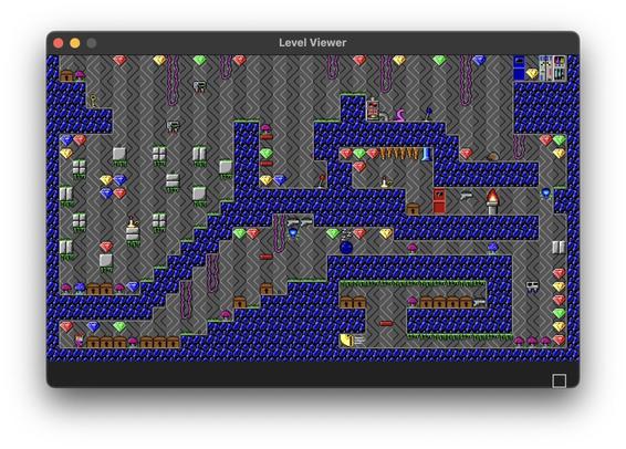 Screenshot of level 7 of crystal caves in the level viewer application. The level features blue rocks overgrown with grass and moss, and many purple vines that hang from the ceilings. Strewn across the map are items like crystals, locked chests, and a few enemies such as spiders, a roly-poly thing, and stalactites