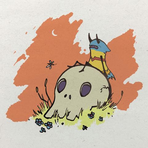 Straycloud's hero sitting on a skull