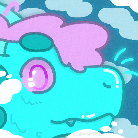 a doodle of a fluffy aqua colored dragon with their head in the clouds.