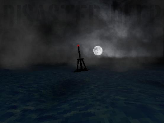 A full moon shining bright over a foggy ocean.  The words "Disaster Deep" can barely be seen in the fog.