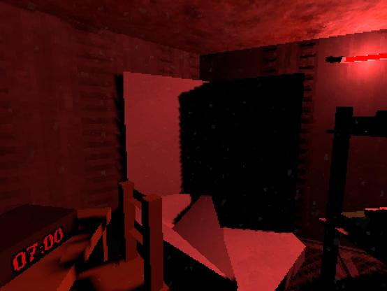 A bunkroom with a bed, table, chair, shower, and toilet, awash in red emergency light.  On the table is a digital clock that says 07:00.