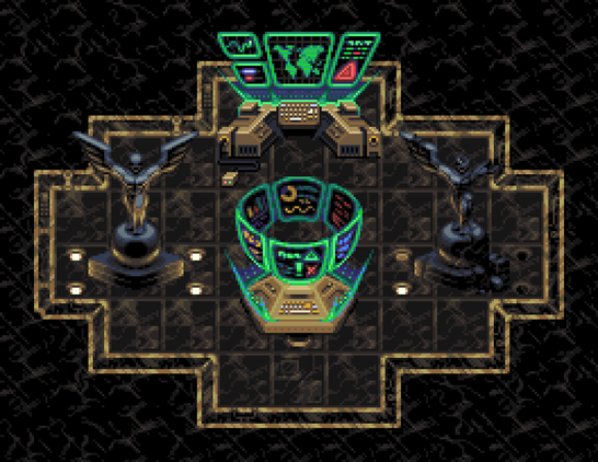 Pixelart illustration containing tiles and props from the top level of the tower in the game Torment Hexus. The scene shows a room made out of gold-trimmed black marble, flanked by a pair of statues depicting a man with wings for arms, perched on top of a globe. The statutes are each underlit by four small spotlights on the floor. At the center of the room, there is a hexagonal command station made out of golden colored metal, projecting a cylindrical display of six holographic screens, each with an assortment of indistinct symbols and information. To the north of it, there is a computer desk, made out of the same materials, and projecting a a flat display of four tiled screens. The central screen shows a world map, and the other sub-screens show small pieces of indistinct assorted information.