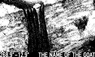 Playdate screenshot of a dark waterfall, above some coordinates and the text “THE NAME OF THE GOAT”