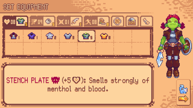 16-bit stye pixel art of an equipment menu. It has a sort of ink on parchment style graphic design style. 

At the top is the screen title "SET EQUIPMENT"

The right 1/5th of the screen is a full body portrait of the goblin girl, floating, head upturned with her eyes closed and her mouth smiling.  She has red hair in pigtails and her clothing is a mix of chainmail, plate and leather, with bone accents. 
In one hand she holds a jagged dagger, in the other a small round shield.

The rest of the screen is split horizontally into two windows. The top is a tabbed window showing a variety of armor and clothing choices, with a dull plate mail with green stench lines coming off it selected.

The bottom is a text description of the selected mail. 
"STENCH PLATE [skull with demon horns icon] (+5 [heart icon]): Smells strongly of menthol and blood. 

At the bottom right of the screen is a button with a blue "mana mouse" and an arrow pointing right, to the next screen)