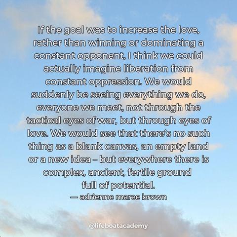 A social post from @lifeboatacademy which says: “If the goal was to increase the love, rather than winning or dominating a constant opponent, I think we could actually imagine liberation from constant oppression. We would suddenly be seeing everything we do, everyone we meet, not through the tactical eyes of war, but through eyes of love. We would see that there’s no such thing as a blank canvas, an empty land or a new idea – but everywhere there is complex, ancient, fertile ground full of potential.” 
— adrienne maree brown