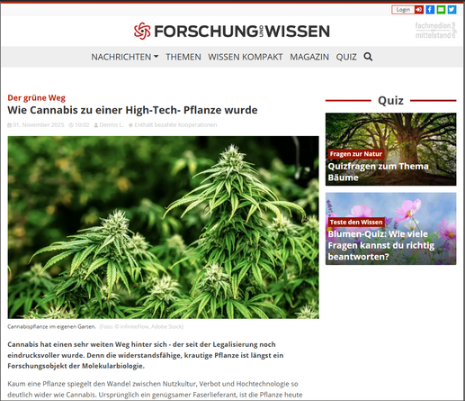 Cannabispflanze im eigenen Garten.

Cannabis hat einen sehr weiten Weg hinter sich - der seit der Legalisierung noch eindrucksvoller wurde. Denn die widerstandsfähige, krautige Pflanze ist längst ein Forschungsobjekt der Molekularbiologie.

https://www.forschung-und-wissen.de/nachrichten/biologie/wie-cannabis-zu-einer-high-tech-pflanze-wurde-133710677