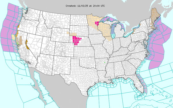 Short Range Forecast Discussion
NWS Weather Prediction Center College Park MD
251 PM EST Mon Nov 03 2025
Valid 00Z Tue Nov 04 2025 - 00Z Thu Nov 06 2025
...Unsettled weather returns to the Northwest & Northern California, with
an increasing threat for heavy rain for both areas Tuesday into
Wednesday...
...Strong winds for southwest Oregon this evening & later on for coastal
sections of northern California late Tuesday into Wednesday...
Increasingly zonal, or west-to-east, flow is expected across the Lower 48
over the next few days. This will broaden the footprint of above to well
above average temperatures with time across the country. This also favors
wetness/periodic storminess for the Northwest/Northern California due to
onshore flow from the Pacific and dryness due to downslope flow across the
High Plains/Plains. Any precipitation for the Great Lakes and East should
be modest in amounts.
The wetness across the Northwest will be fostered by the incursion of a
low pressure into the Oregon coast this evening, which is a strong enough
system to prompt High Wind Warnings for coastal Oregon this evening. Even
though the surface low fades, its trailing front lingers/wavers near the
coast from Northern California northward, keeping rain in the forecast.
Late Tuesday into Wednesday, a strong cyclone in the northeast Pacific
reinforces the existing front and causes breezy to windy conditions to
renew from northern California northward and brings the potential for
heavier Short Range Forecast Discussion
NWS Weather Prediction Center College Park MD
251 PM EST Mon Nov 03 2025
Valid 00Z Tue Nov 04 2025 - 00Z Thu Nov 06 2025
...Unsettled weather returns to the Northwest & Northern California, with
an increasing threat for heavy rain for both areas Tuesday into
Wednesday...
...Strong winds for southwest Oregon this evening & later on for coastal
sections of northern California late Tuesday into Wednesday...
Increasingly zonal, or west-to-east, flow is expected across the Lower 48
over the next few days. This will broaden the footprint of above to well
above average temperatures with time across the country. This also favors
wetness/periodic storminess for the Northwest/Northern California due to
onshore flow from the Pacific and dryness due to downslope flow across the
High Plains/Plains. Any precipitation for the Great Lakes and East should
be modest in amounts.
The wetness across the Northwest will be fostered by the incursion of a
low pressure into the Oregon coast this evening, which is a strong enough
system to prompt High Wind Warnings for coastal Oregon this evening. Even
though the surface low fades, its trailing front lingers/wavers near the
coast from Northern California northward, keeping rain in the forecast.
Late Tuesday into Wednesday, a strong cyclone in the northeast Pacific
reinforces the existing front and causes breezy to windy conditions to
renew from northern California northward and brings the potential for
heavier