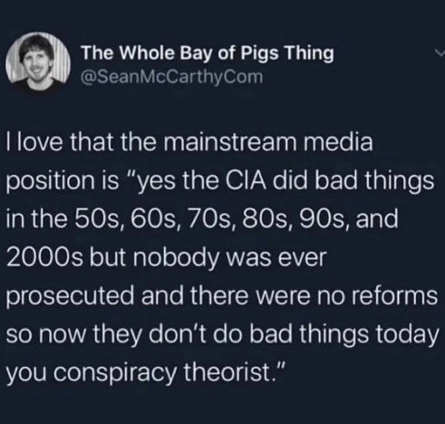 I love that the mainstream media position is "yes the CIA did bad things in the 50s, 60s, 70s, 80s, 90s, and 2000s but nobody was ever prosecuted and there were no reforms so now they don't do bad things today you conspiracy theorist. I love that the mainstream media position is "yes the CIA did bad things in the 50s, 60s, 70s, 80s, 90s, and 2000s but nobody was ever prosecuted and there were no reforms so now they don't do bad things today you conspiracy theorist.