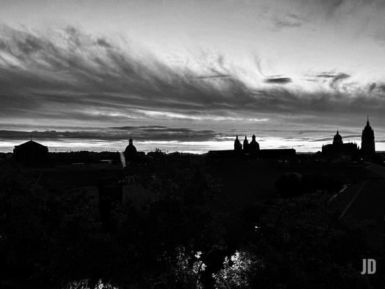 Una fotografía en blanco y negro de un paisaje urbano al atardecer o amanecer, dominada por un cielo dramático. El cielo está lleno de nubes estratificadas y arremolinadas, que varían en tonos de gris claro a oscuro. En la parte superior izquierda y central, se ven pequeñas siluetas de pájaros volando contra las nubes más claras. En el horizonte, se aprecian las siluetas oscuras de edificios monumentales, incluyendo varias cúpulas y una prominente torre con aguja en el extremo derecho. En la parte inferior, se distinguen las siluetas aún más oscuras de tejados y densa vegetación.