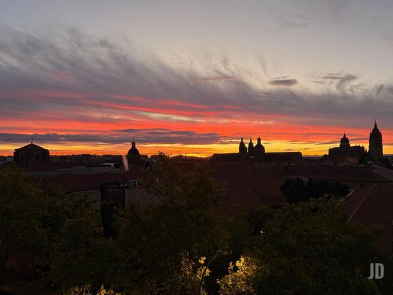 Una vista panorámica de una ciudad al amanecer, con un cielo espectacular dominado por intensos tonos de rojo, naranja y amarillo brillante cerca del horizonte, que se desvanecen en grises y púrpuras más oscuros hacia la parte superior. Las nubes alargadas y dispersas están teñidas con estos colores vibrantes, y pequeñas siluetas de pájaros se ven volando. En el horizonte, las siluetas oscuras de una ciudad histórica se dibujan contra el cielo luminoso. Se distinguen múltiples edificios con cúpulas prominentes y varias torres, incluyendo lo que parece ser una gran catedral o complejo monumental con una torre alta y esbelta a la derecha. En el primer plano, la parte inferior de la imagen está ocupada por la silueta oscura de copas de árboles y follaje, apenas iluminados en algunos puntos, que enmarcan la vista de la ciudad.