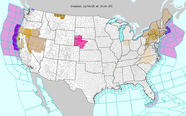 Short Range Forecast Discussion
NWS Weather Prediction Center College Park MD
1205 AM EST Tue Nov 04 2025
Valid 12Z Tue Nov 04 2025 - 12Z Thu Nov 06 2025
...Unsettled weather for the Northwest & Northern California, with an
increasing threat for heavy rain for both areas today into Wednesday...
...Strong winds for coastal sections of northern California late Tuesday
into Wednesday...
Zonal, or west-to-east, flow is expected across the Lower 48 over the next
few days. This will maintain above to well above average temperatures
across large swaths the country. This also favors wetness/periodic
storminess for the Northwest/Northern California due to onshore flow from
the Pacific and dryness due to downslope flow across the High
Plains/Plains. Any precipitation for the Great Lakes and East should be
modest in amounts.
The wetness across the Northwest, with mountain snows farther inland
across the Northern Continental Divide which have prompted winter weather
advisories, will be initially caused by a weakening low moving into the
Oregon interior and its trailing front wavering near the coast from
Northern California northward, keeping rain in the forecast. Late this
morning into Wednesday, a strong cyclone in the northeast Pacific
reinforces the existing front and causes breezy to windy conditions to
renew from northern California northward and brings the potential for
heavier rains within the system's atmospheric river; isolated to widely
scattered thunderstorms are anti Short Range Forecast Discussion
NWS Weather Prediction Center College Park MD
1205 AM EST Tue Nov 04 2025
Valid 12Z Tue Nov 04 2025 - 12Z Thu Nov 06 2025
...Unsettled weather for the Northwest & Northern California, with an
increasing threat for heavy rain for both areas today into Wednesday...
...Strong winds for coastal sections of northern California late Tuesday
into Wednesday...
Zonal, or west-to-east, flow is expected across the Lower 48 over the next
few days. This will maintain above to well above average temperatures
across large swaths the country. This also favors wetness/periodic
storminess for the Northwest/Northern California due to onshore flow from
the Pacific and dryness due to downslope flow across the High
Plains/Plains. Any precipitation for the Great Lakes and East should be
modest in amounts.
The wetness across the Northwest, with mountain snows farther inland
across the Northern Continental Divide which have prompted winter weather
advisories, will be initially caused by a weakening low moving into the
Oregon interior and its trailing front wavering near the coast from
Northern California northward, keeping rain in the forecast. Late this
morning into Wednesday, a strong cyclone in the northeast Pacific
reinforces the existing front and causes breezy to windy conditions to
renew from northern California northward and brings the potential for
heavier rains within the system's atmospheric river; isolated to widely
scattered thunderstorms are anti
