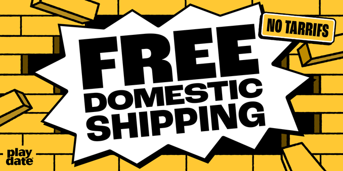 Yellow image of a brick wall being broken by a speech bubble saying FREE domestic shipping! No tarrifs