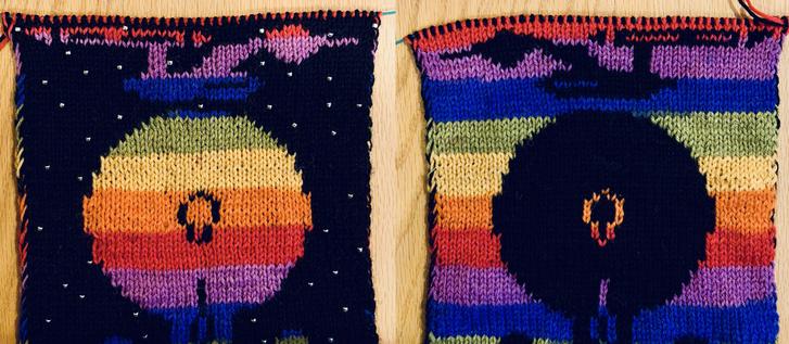 Reversible scarf with rainbow USS Enterprise profile on one side, against a dark sky. The other side is the opposite.