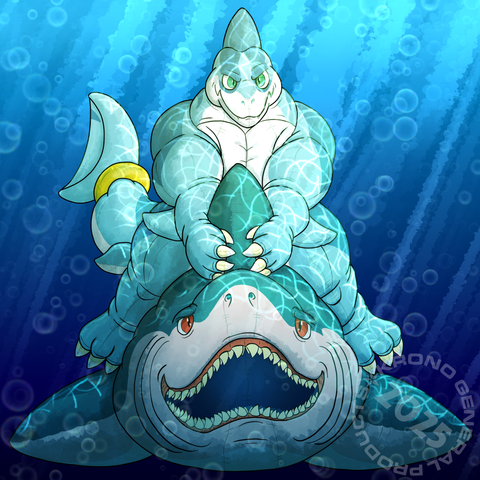A drawing of an inflatable muscular anthropomorphic shark man riding a large inflatable nonanthropomorphic shark, viewed from the front.  The picture takes place underwater...somehow?