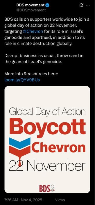 BDS calls on supporters worldwide to join a global day of action on 22 November, targeting Chevron for its role in Israel’s genocide and apartheid, in addition to its role in climate destruction globally.