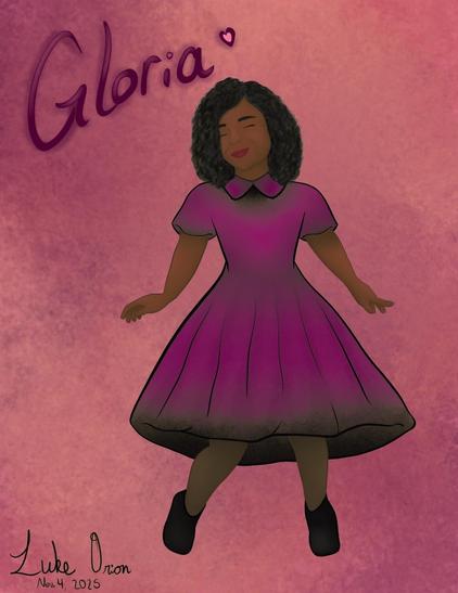 A digital illustration of a woman named Gloria, wearing a pink dress with a Peter Pan style collar. She has curly hair and is depicted with a joyful expression against a soft pink background. The artist's signature and date are also included.