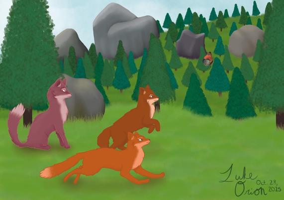 An illustration depicting three cartoon foxes in a forest. Two orange foxes are chasing a colorful butterfly, while a purple fox is sitting calmly. The background features green trees and large rocks, with a subtle sky above.