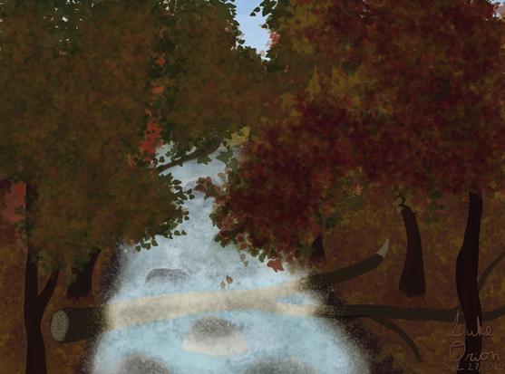 A serene, digitally created forest scene featuring a flowing river surrounded by trees in autumn colors. The image captures the tranquility of nature with rocks in the water and a log across the river.