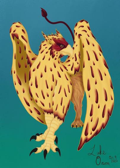 An illustration of a mythical creature resembling a griffin, featuring a yellow body with red markings, large wings, and a mix of bird and feline features. The background is a gradient of turquoise.
