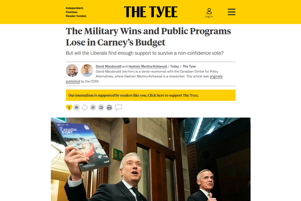 A headline from The Tyee, reading "The Military Wins and Public Programs Lose in Carney’s Budget", alsong with a photo of Prime Minister Mark Carney and Finance Minister François-Philippe Champagne