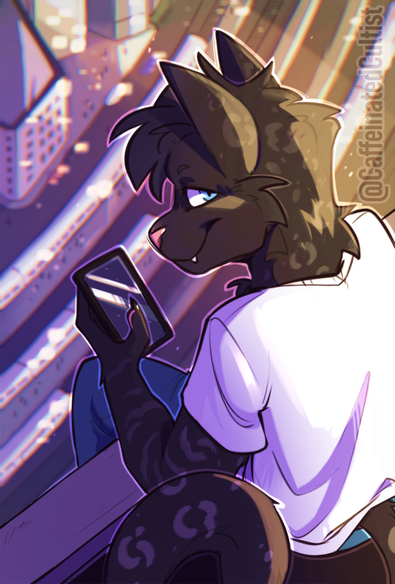 Digital art of a furry feline character sitting atop a tall building overlooking the city below. Character is holding a phone and looking back at the viewer.

Artwork by, CaffeinatedCultist