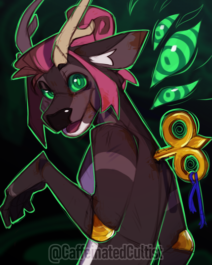 Digital art of a furry reindeer character named "Velvet", post transformation as fully sentient mechanical ball-jointed toy. Velvet appears to be getting used to it's new body. A golden key is inserted into the back. In the background ominous green eyes are watching the toy.

Artwork by, CaffeinatedCultist