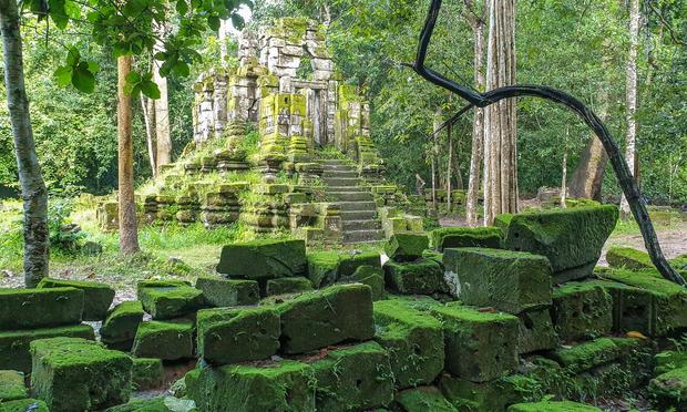 Photo shows a small one tower temple in high Angkor Architectural style. It is in a small opening in the forest. Due to the monsoon season, it is covered of fresh green moss, and the trees has a thick foliage. The open stone structure of the temple is high contrast and clean washed night humidity. The scene is framed by trees. In front remains of a stone wall covered in thick green moss.