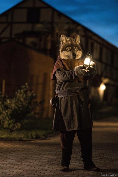 Photo of a realistic wolf fursuiter in medieval clothing holding up a lit lantern at night. In the background is an old Fachwerk building.