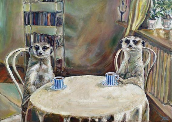Coffee time. Two meerkats sitting at the table. Suricates are about to have a cup of coffee. Humorous painting by Jura Kuba Art for sale. Oil on canvas, 70 x 50 cm