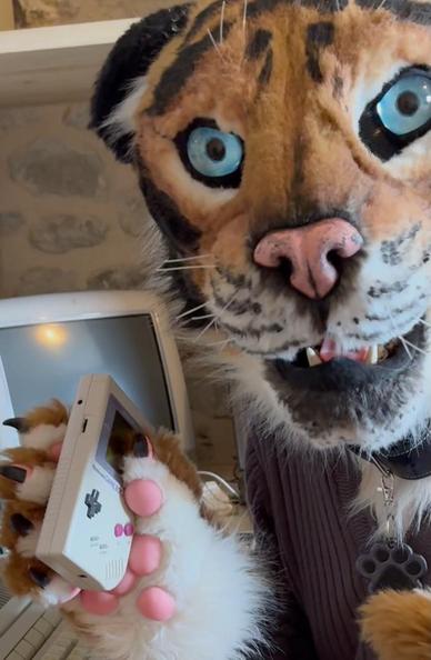 Tiger fursuiter holding a Game Boy on his paw, looking at viewer