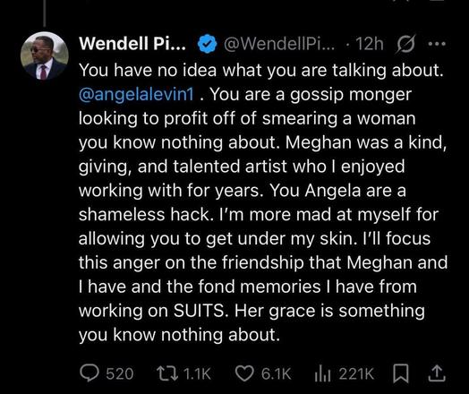 Wendell Pierce, who played Meghan’s dad on Suits, calls Angela Levin a ‘shameless hack’ on X after Levin claims that Meghan’s former costars found her ‘difficult’; says Meghan is ‘kind and giving’ Wendell Pierce, who played Meghan’s dad on Suits, calls Angela Levin a ‘shameless hack’ on X after Levin claims that Meghan’s former costars found her ‘difficult’; says Meghan is ‘kind and giving’