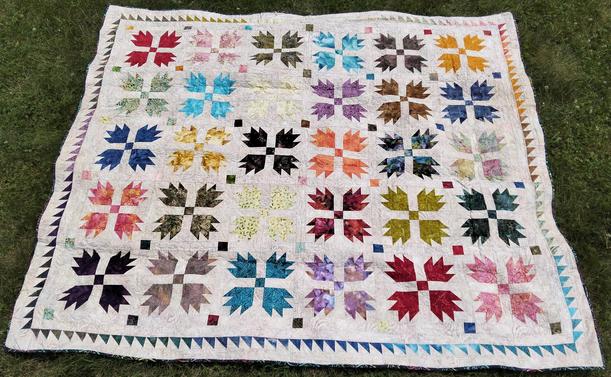 a 30-window quilt, very colorful, each window a different bearpaw design, 4 of them around a single square, the border is strips of thin triangles, on a light backing