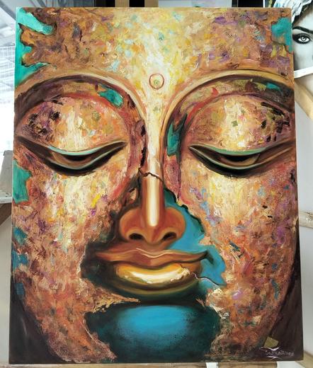 a painting of the buddha, done in an abstract impressionist style, his face covered mostly in gold, where it isnt, his visage is turquoise, his eyes are low in meditation with a pleasant expression on his face