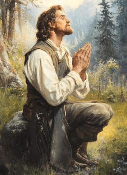A painting of a man praying in the woods