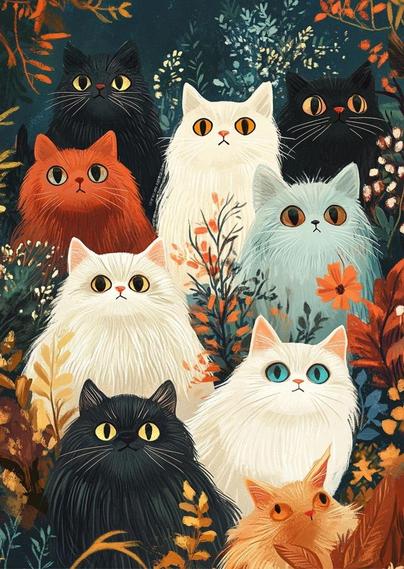 Art of multicolored fluffy kitties. Artist unknown