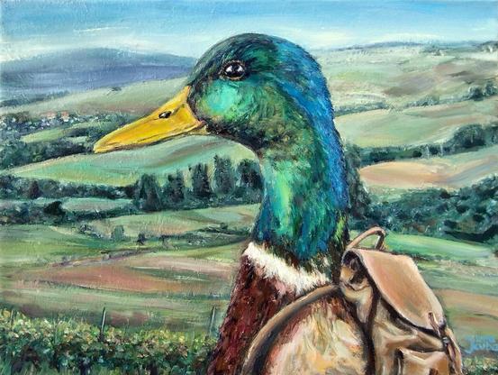 Painting of Mallard duck with a backpack hiking in the Selz valley in Germany. Humorous animal art by Jura Kuba. Oil on canvas, 40 x 30 cm. Painting of Mallard duck with a backpack hiking in the Selz valley in Germany. Humorous animal art by Jura Kuba. Oil on canvas, 40 x 30 cm.