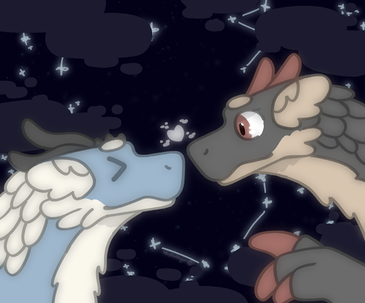 A drawing of two fluffy dragons, one light blue and white with black horns, the other grey and beige with red horns.