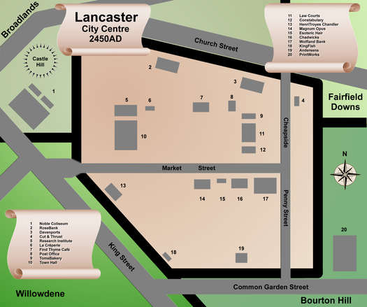 Lancaster City Centre - 2450AD - digital map with annotations - half real - half fictitious