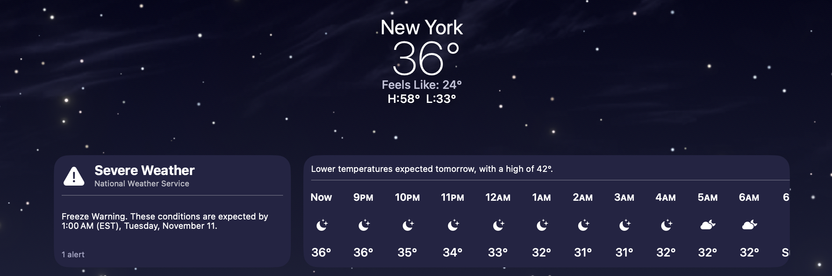 Screenshot of Weather in New York - with a severe weather alert (wind) and a current temperature of 36℉