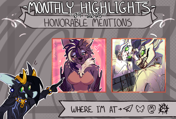 Digital art banner of monthly highlights "honorable mentions." Featuring two rosegold runner ups!

Artwork by, CaffeinatedCultist