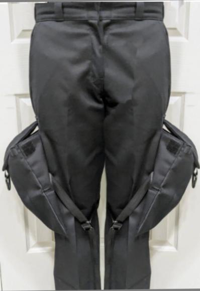 Black pants with oversized cargo pockets that I made (one leg is real and the other is a photoshopped mirror image)