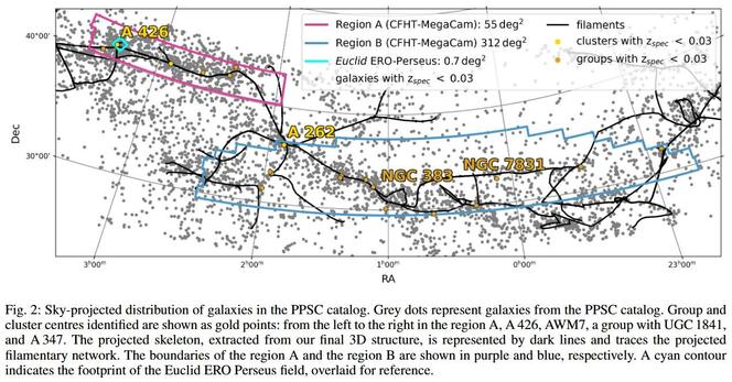 This is Figure 2 of paper, featuring a sky-projected distribution of galaxies in the PPSC (Perseus-Pisces Supercluster) catalog. Grey dots represent galaxies from the PPSC catalog. Group and cluster centres identified are shown as gold points: from the left to the right in the region A, A 426, AWM7, a group with UGC 1841, and A 347. The projected skeleton, extracted from the final 3D structure, is represented by dark lines and traces the projected filamentary network. The boundaries of the region A and the region B are shown in purple and blue, respectively. A cyan contour indicates the footprint of the Euclid ERO Perseus field, overlaid for reference.