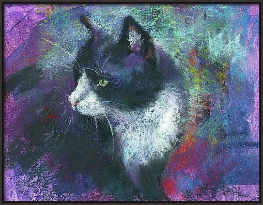 The Tuxedo Cat Portrait is a pastel painting in landscape format, painted by the artist Karen Kaspar. On an abstracted background in bright shades of blue, turquoise, green, red and purple, you see a black and white Tuxedo cat with white spots on its head and chest in profile, sitting and looking to the left.