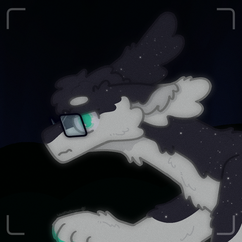 A drawing of a black and white fluffy amphimorpho with glasses in a forest. their coat has a splatter of white dots, like stars in the night sky.