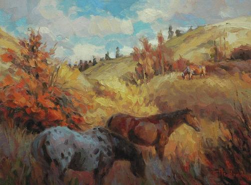 Art print of a group of horses grazing in a country meadow.